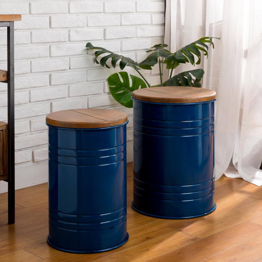 Hunter Green Round Metal & Wood Storage Accent Table Set