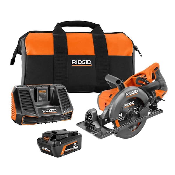 RIDGID 1008045686 18V Brushless Cordless 7-1/4 in. Rear Handle Circular Saw Kit with 8.0 Ah MAX Output Battery, 18V Charger and Bag - 1
