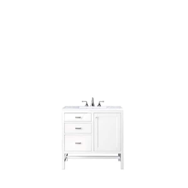 James Martin Vanities Addison 36 in. W x 23.5 in. D x 35.5 in. H Bath Vanity in Glossy White with Carrara White Marble Top