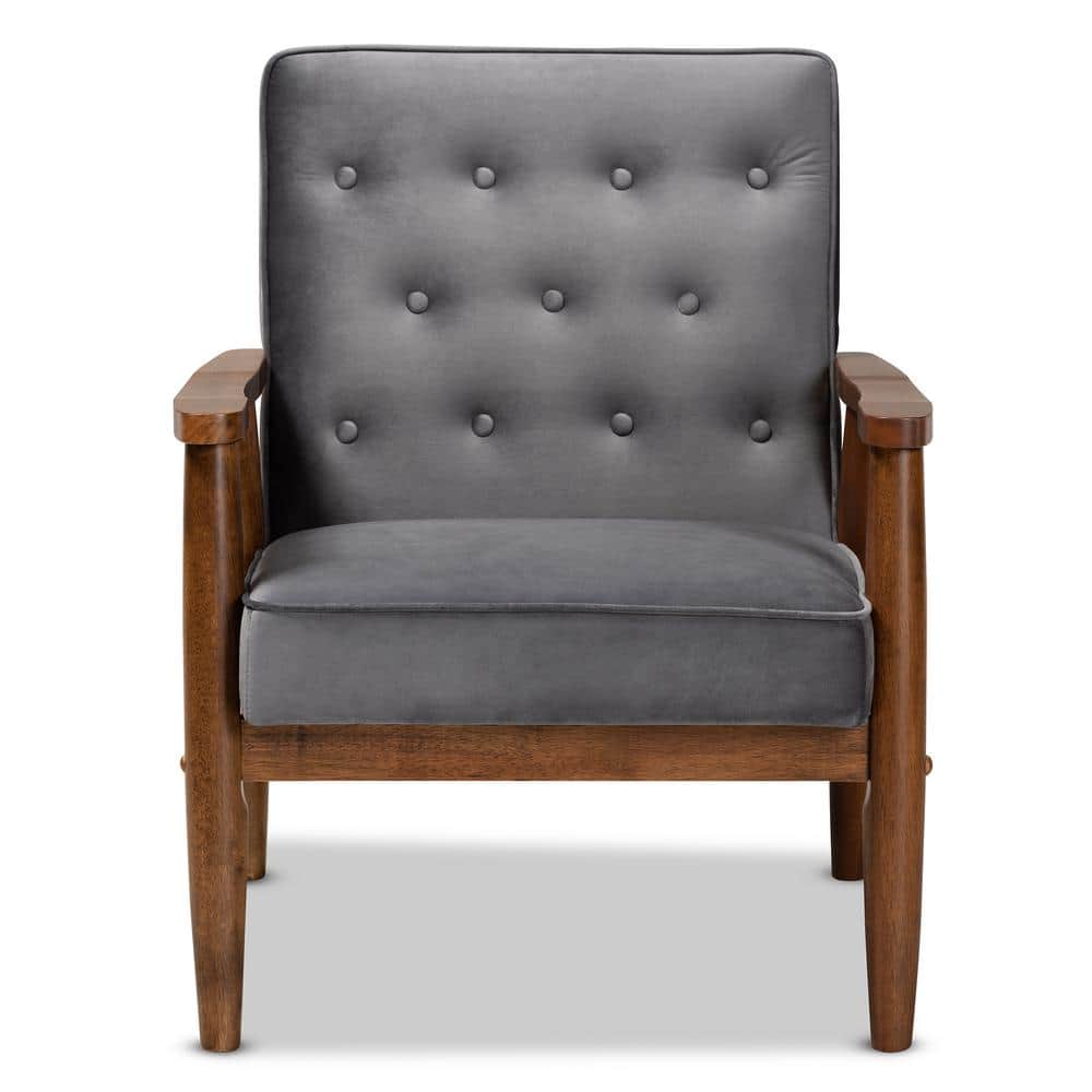 Mid-Century Modern Gray Velvet and Walnut Wood Accent Chair