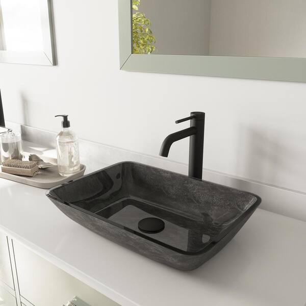 Vigo Glass Rectangular Vessel Bathroom Sink In Onyx Gray With Lexington Faucet And Pop Up Drain In Matte Black Vgt1416 The Home Depot