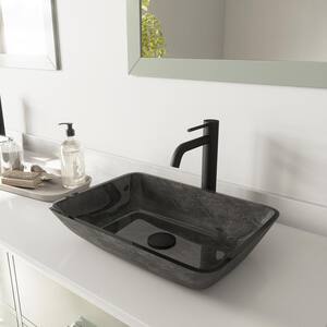 Glass Rectangular Vessel Bathroom Sink in Onyx Gray with Lexington Faucet and Pop-Up Drain in Matte Black