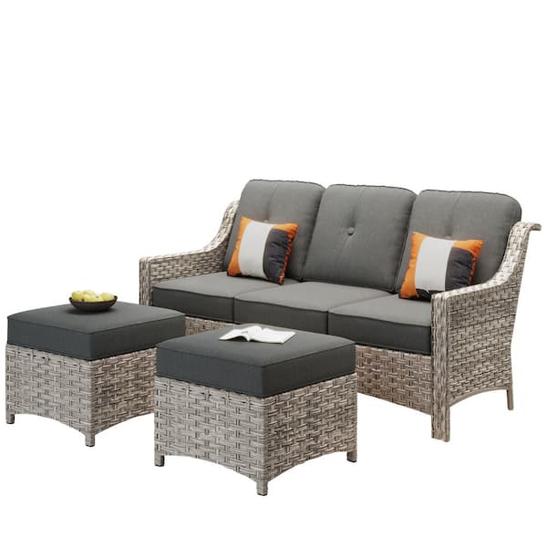 Eureka Grey 3-Piece Modern Wicker Outdoor Patio Conversation Sofa Seating Set with Black Cushions
