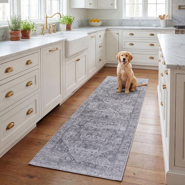 Tucson 3 ft. x 8 ft. Gray/Light Gray Faded Aztec Medallion Washable Runner Rug