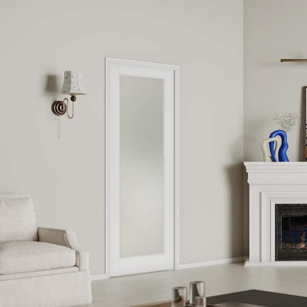 30 in. x 80 in. 1-Lite White MDF Tempered Frosted Glass Single Sliding Pocket Door Frame With Hardware Kit