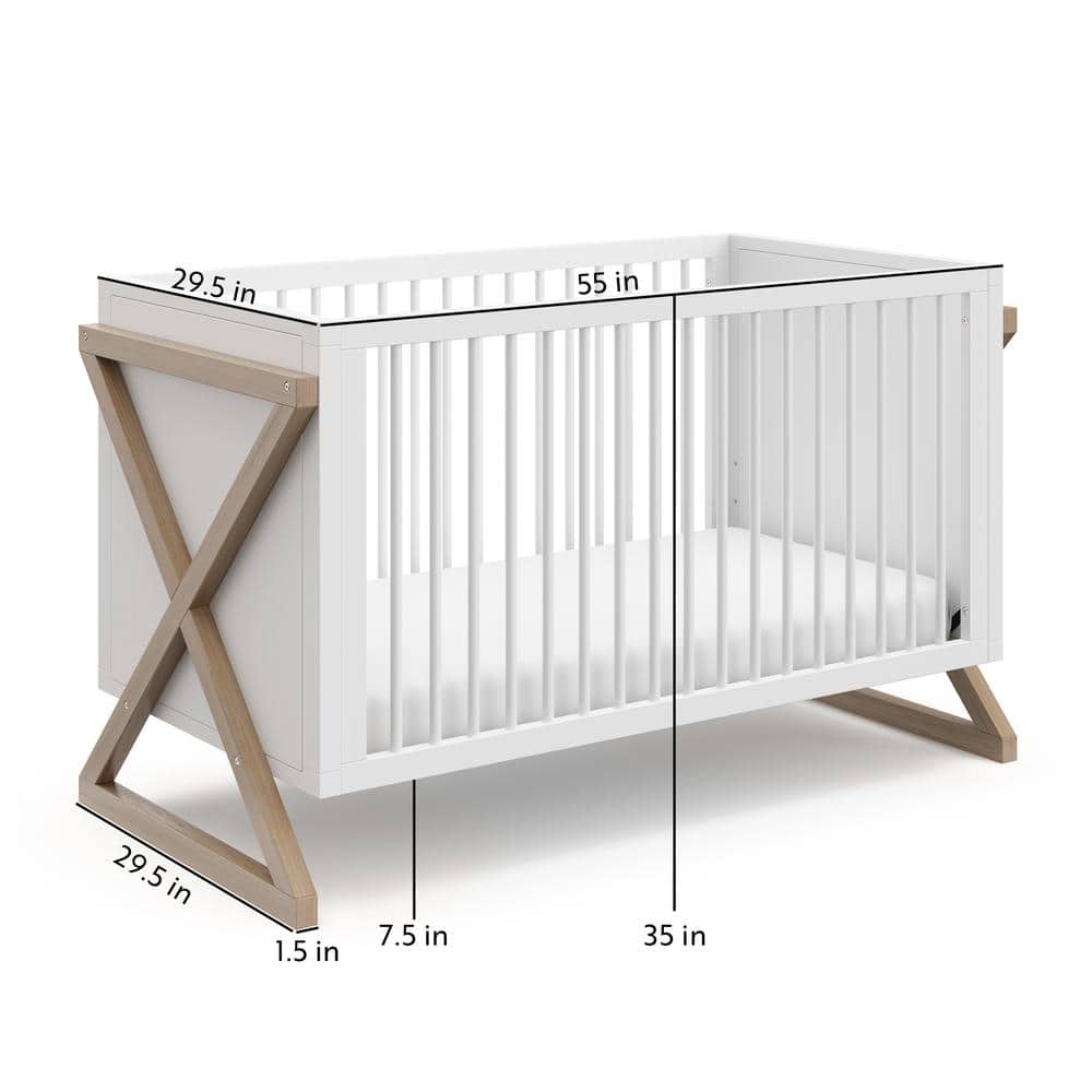 White and Driftwood 3-in-1 Convertible Baby Crib with Adjustable Mattress Support