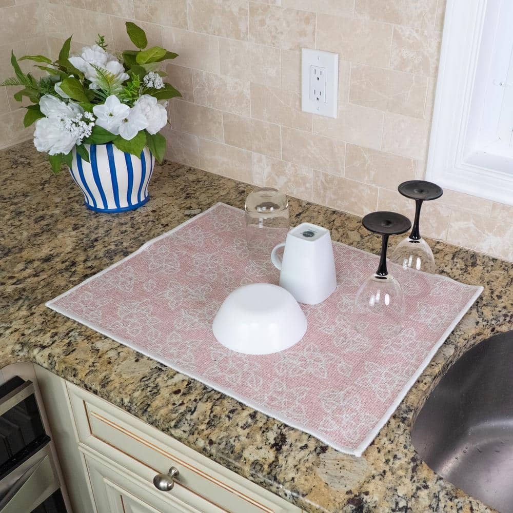Flower Pink Cotton Polyester Foldable Dish Drying Mat