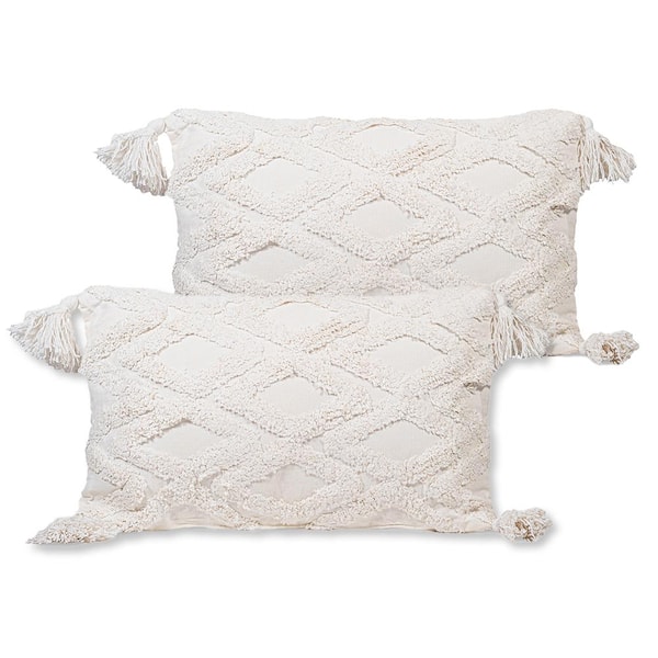 Sol Living Macrame 20 in. x 12 in. White Outdoor Throw Pillow with Tassels (2-Pack)