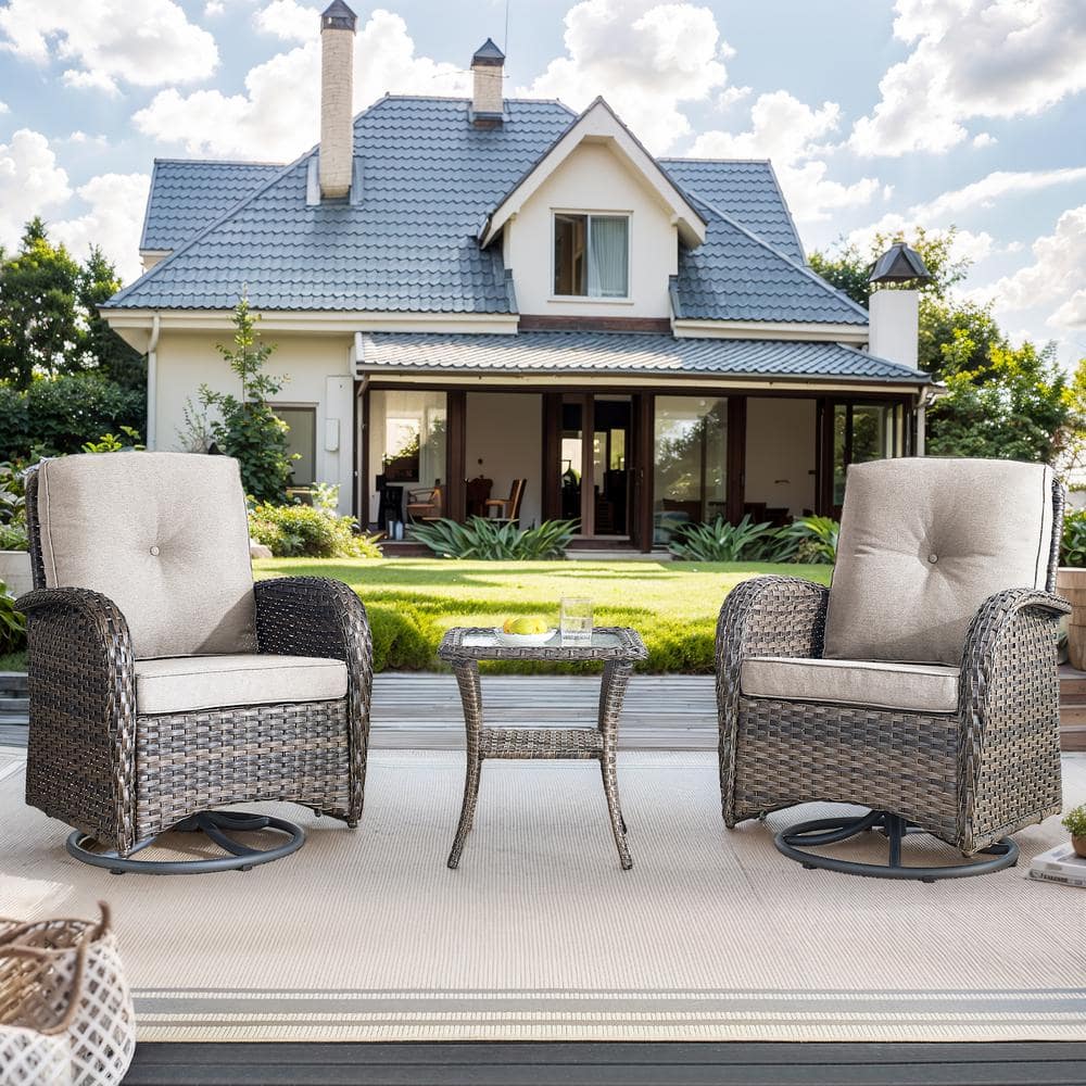 SleekArm Brown 3-Piece Wicker Outdoor Rocking Chair Patio Conversation Set with Beige Cushions and Side Table price history on PriceWatchPro