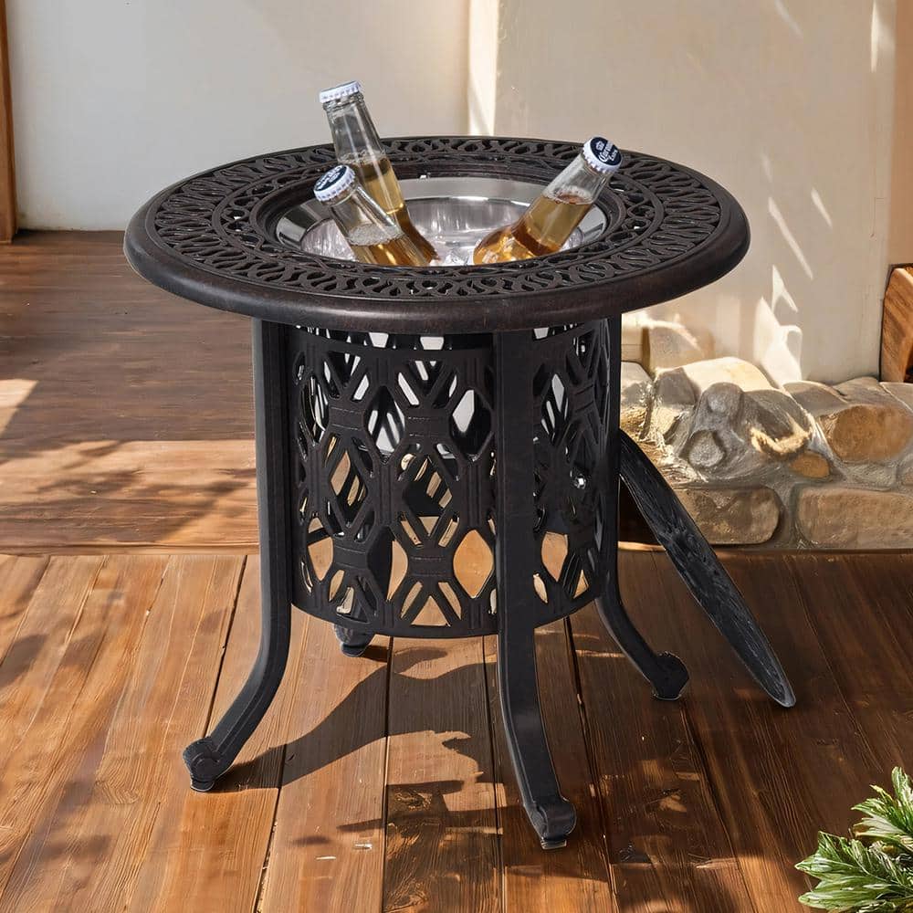 21 in. Black Round Stainless Steel Picnic Table, Ice Bucket/Pail Table Set,