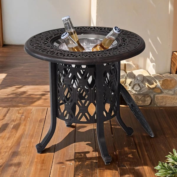 AFAIF 21 in. Black Round Stainless Steel Picnic Table, Ice Bucket/Pail Table Set, Hand Brushed Patina/Bronze Cast Aluminum