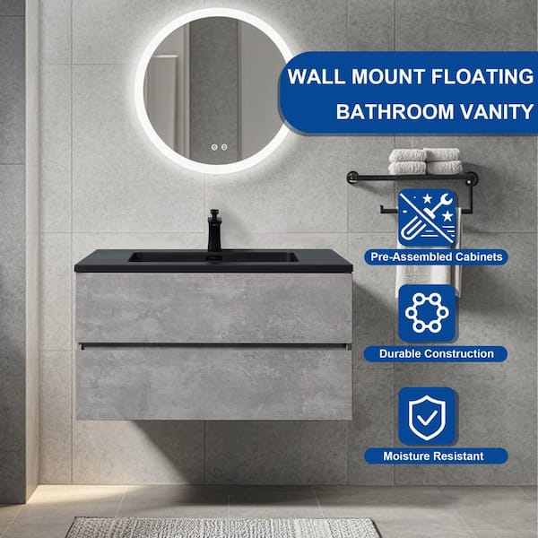 36 in. Wall-Mounted Floating Bath Vanity with Single Black Quartz Sink Top in Grey
