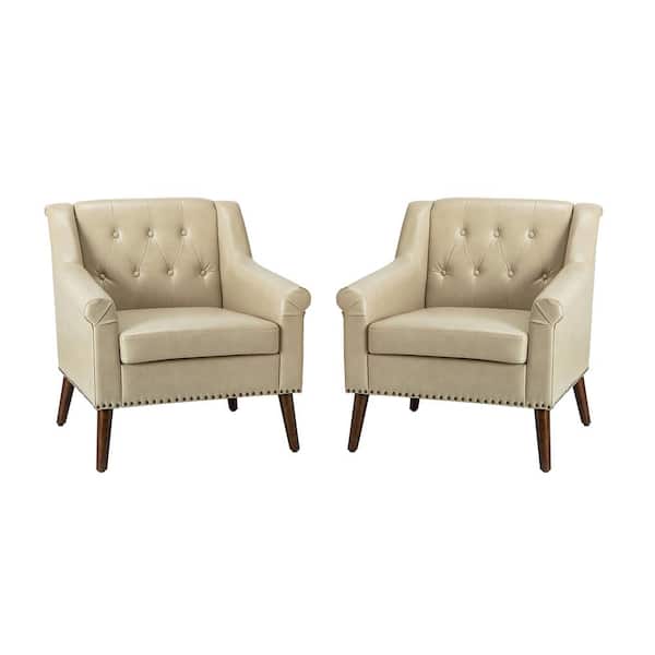 JAYDEN CREATION Nycteus Beige Transitional Vegan Leather Armchair with Nailhead Trim Set of 2