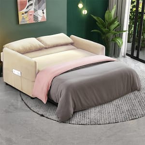 57.1 in. Wide Beige Flared Arm Velvet Straight Twin Size Sofa Bed with Pull Out Sleeper