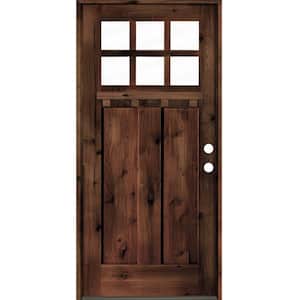 36 in. x 80 in. Craftsman Alder Clear 6-Lite Red Mahogany Stain Wood/Dentil Shelf Left Hand Single Prehung Front Door