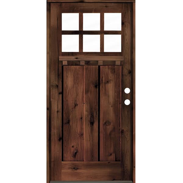 Krosswood Doors 36 in. x 80 in. Craftsman Alder Clear 6-Lite Red Mahogany Stain Wood/Dentil Shelf Left Hand Single Prehung Front Door