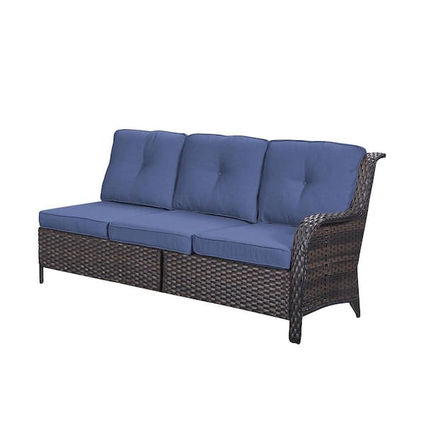 ArcoBay Brown Wicker Left Arm 3-Seat Outdoor Sectional Sofa Patio Sofa with Navy Blue Cushion