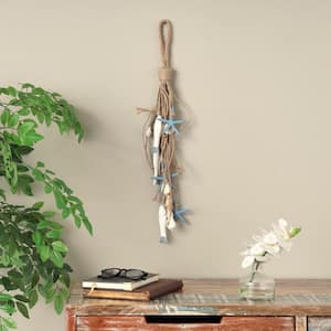 Jute Brown Layered Hanging Fish Wooden Wall Art with Blue Starfish and Shell Accents