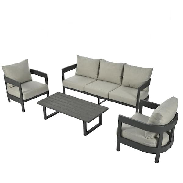 Gilati 4-Piece Black Metal Patio Conversation Set with Light Gray Thick Cushions, Pillows and Plastic Wood Coffee Table