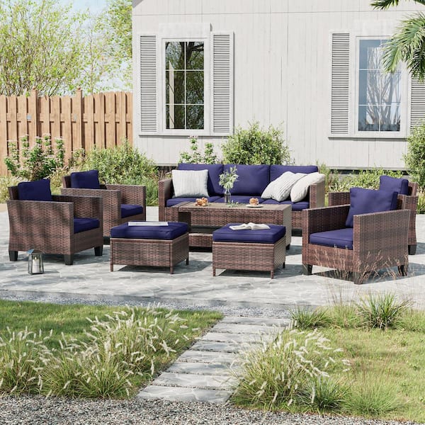 8-Piece Brown Wicker Patio Sofa Set Outdoor Furniture Set with Ottomans and Coffee Table, Navy Blue