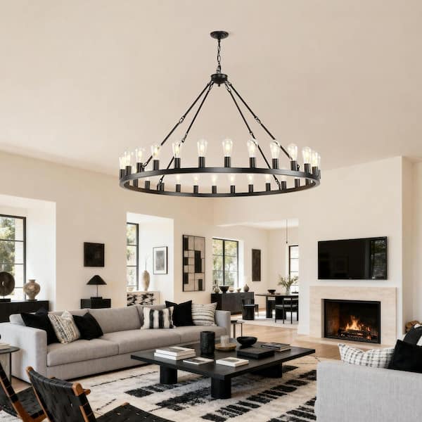 Morgal ll 28-Light 53 in. Black Rustic Farmhouse Large Wagon Wheel Chandelier for Living Room with No Bulbs Included