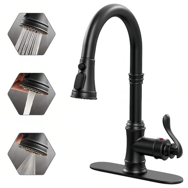 Spring Single-Handle Matte Black 15 in. H Pull Down Sprayer Kitchen Faucet with 360° Spout Swivel