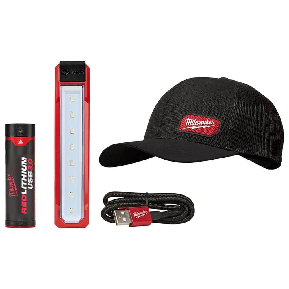 Milwaukee 445 Lumens LED Rover Rechargeable Pocket Flood Light with  GRIDIRON Black Adjustable Fit Trucker Hat 2112-21-505B The Home Depot