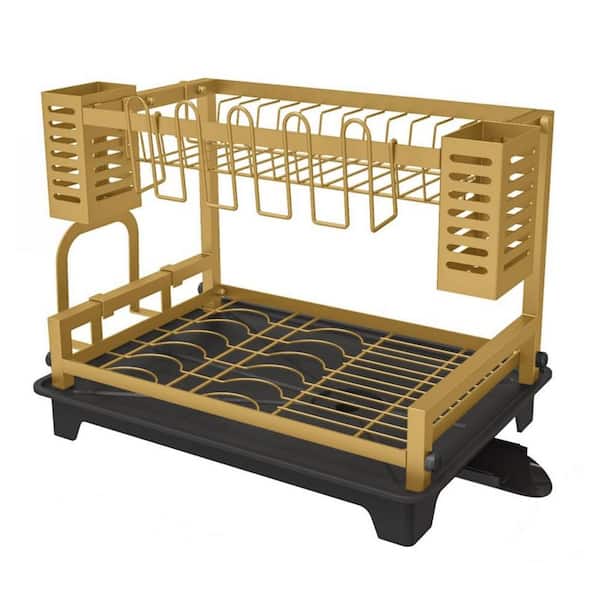 2-Tier Gold Dish Rack, Large Dish Drying Rack with Drainboard and Utensil Holders for Kitchen Counter