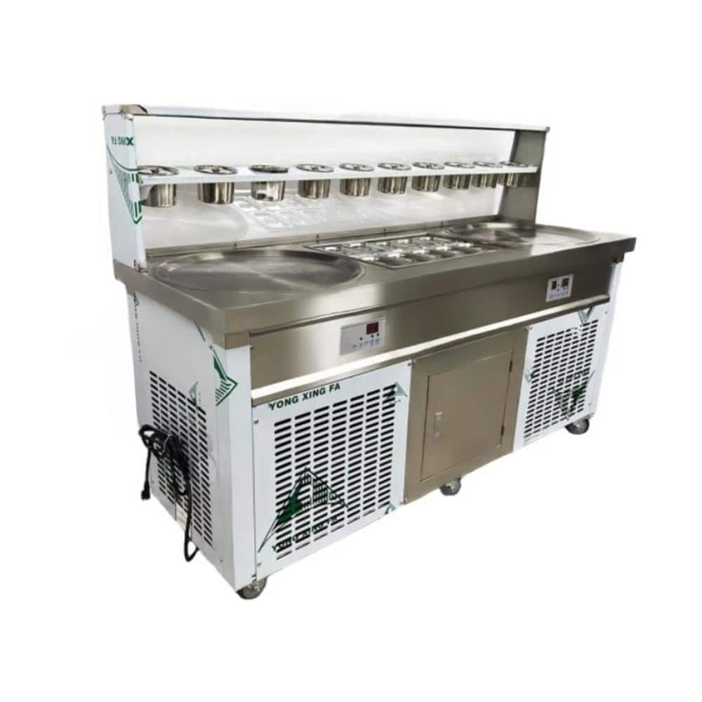 70.5 in. 2100W Stainless Steel Commercial NSF Two Pan Ice Cream Roll Machine EC2234B with 20 Ingredient Container