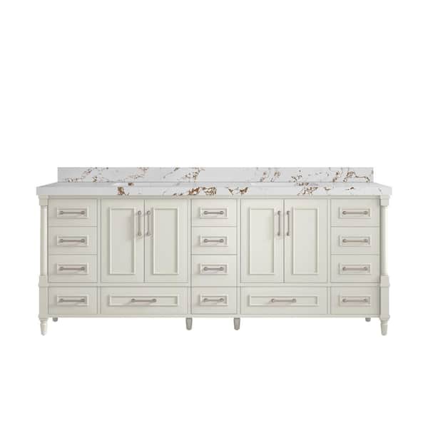Willow Collections Hudson 84 in. Double Sink Freestanding Alabaster Bath Vanity with Viola Brown Quartz Top Unassembled