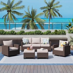 Brown Rattan Wicker 7 Seat 5-Piece Steel Patio Outdoor Sectional Set with Beige Cushions,2 Swivel Chairs,2 Ottomans