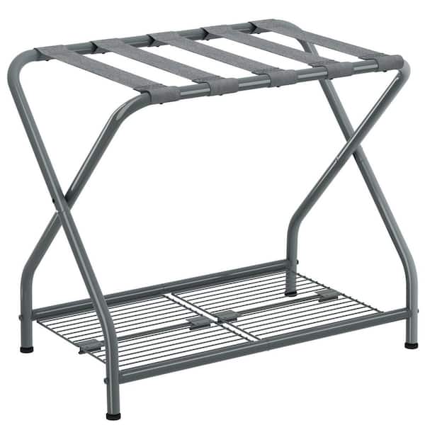 Gray Metal Foldable Luggage Rack Stand with Storage Shelf for 20 in. to 28 in. Luggage, Suitcase Holder for Guest Room