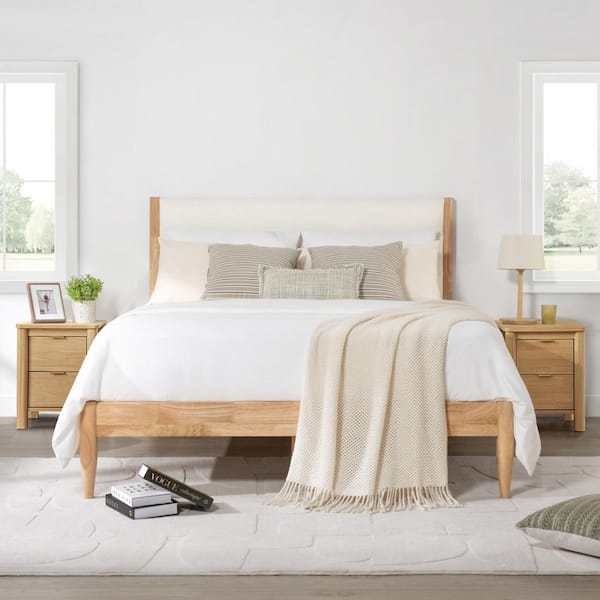 Siena 3-Pieces Ivory Queen Upholstered Wood Frame Platform Bed with Channel Tufting and 2 Nightstands Bedroom Set