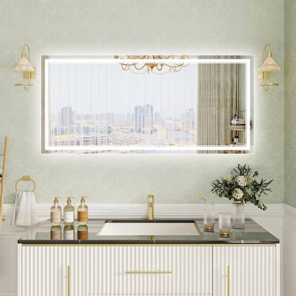 ANGELES HOME 60 in. W x 28 in. H Rectangular Frameless Anti-Fog Backlit Front Lighted Wall LED Bathroom Vanity Mirror, Tempered Glass