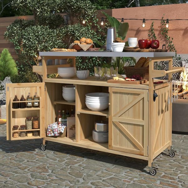 Farmhouse Natural Stainless Steel 50 in. Outdoor Patio Grill Table Bar Cart Kitchen Island with Internal Storage Rack