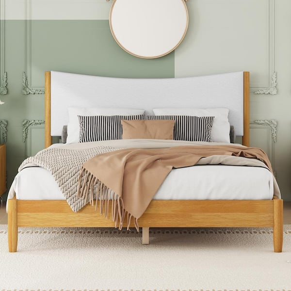 Noble House Asta Natural Rubberwood Frame Queen Size Platform Bed and Headboard, Teddy Velvet