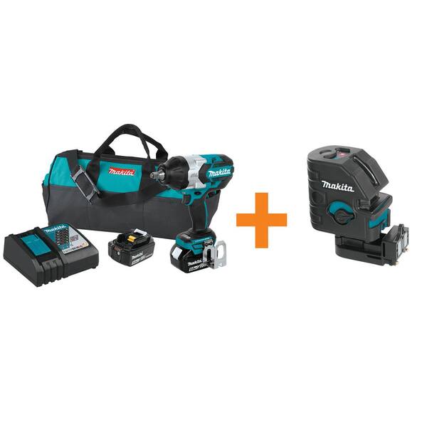Makita 18V LXT Brushless Cordless 1/2 in. Impact Wrench with two Batteries 5.0Ah, Bag, Bonus Self-Leveling Cross-Line Laser