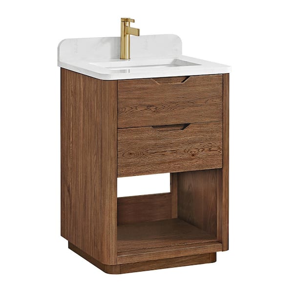 Harbin 24 in. W x 22 in. D x 33.9 in. H Single Bath Vanity in Oak Weathered Brown with White Engineered Stone Top