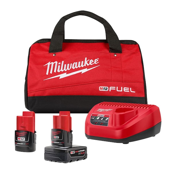 Milwaukee M12 12V Lithium-Ion Starter Kit with One 6.0 Ah and One 3.0 Ah Battery, Charger and Contractor Bag