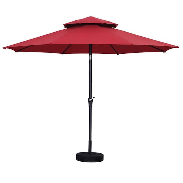OVASTLKUY 11 ft. 2-Tier Round Market Outdoor Patio Umbrella in Red with Base