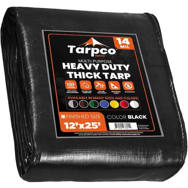 TARPCO SAFETY 12 ft. x 25 ft. Black 14 Mil Heavy Duty Polyethylene Tarp, Waterproof, UV Resistant, Rip and Tear Proof