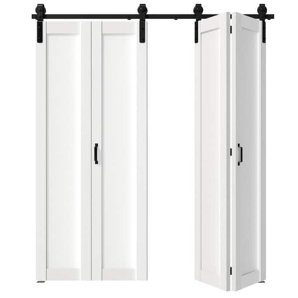 72 in. x 84 in. (36 in. W x 2) White, 1-Panel Finished, Paneled MDF, Bi-Fold Style Sliding Barn Door with Hardware Kit