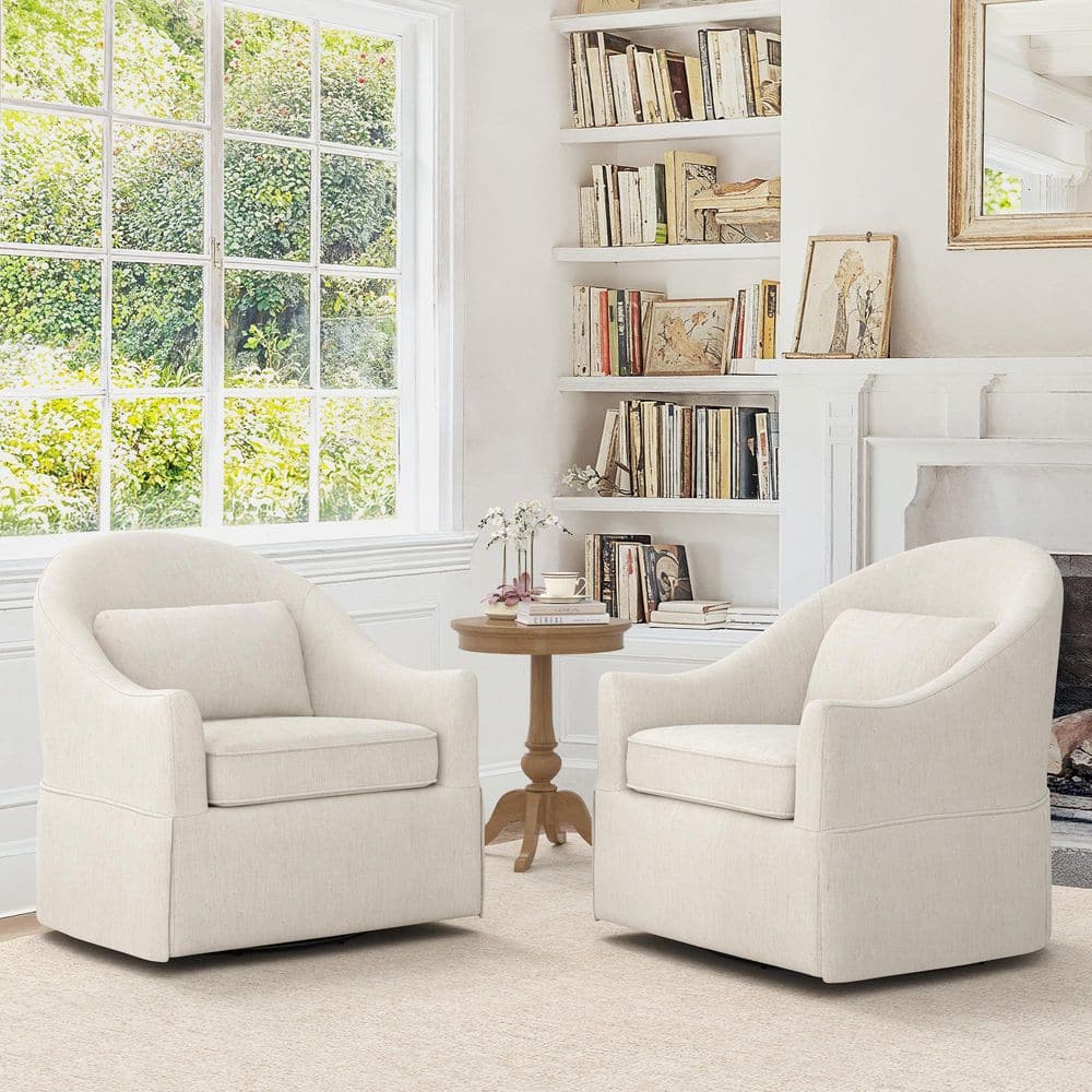 Marta 30 in. Linen Blend Fabric Upholstered Swivel Accent Chair With Skirted Silhouette and Paired Cushions Set of 2