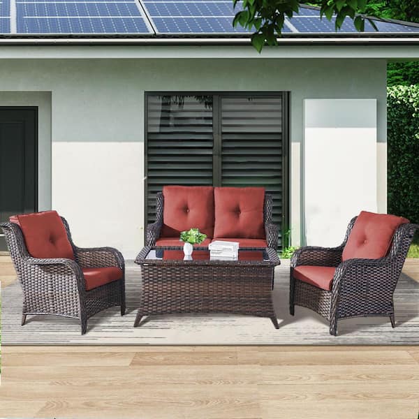 Gymojoy Carolina 4-Piece Wicker Patio Conversation Set with Red Cushions