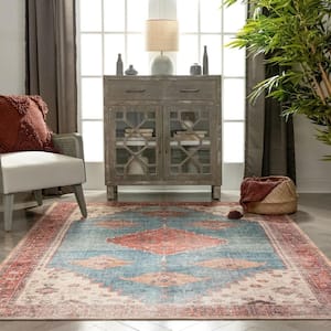 Lotus Towne Terra Blue Vintage Medallion Persian 5 ft. 3 in. x 7 ft. 3 in. Machine Washable Area Rug