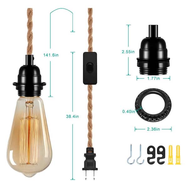 beweeglijkheid Visser hypotheek YANSUN 1-Light Vintage Plug-In Hanging Pendant with Hemp Rope and Black  Socket (Pack of 3) H-MS01E26AC-3 - The Home Depot