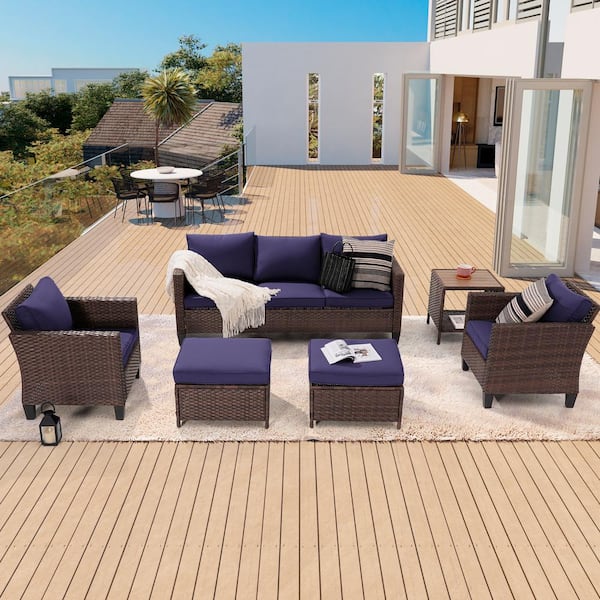Sonkuki 6-Piece Patio Sofa Set Brown Wicker Outdoor Furniture Set with Coffee Table, Navy Blue