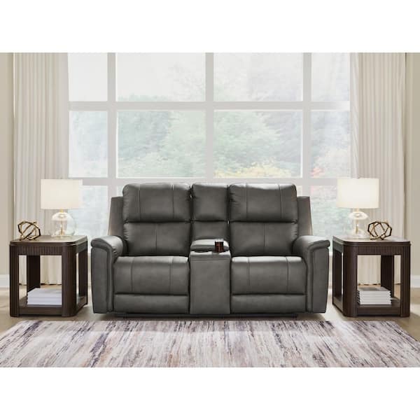 Burnley 75 in. Solid Leather 2-Seat with Reclining and Cup Holder Loveseat in Gray