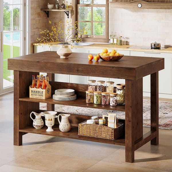 Keenyah Dark Brown Solid Wood 55 in. Kitchen Island with Open Storage Shelves, Farmhouse Counter Height Coffee Bar