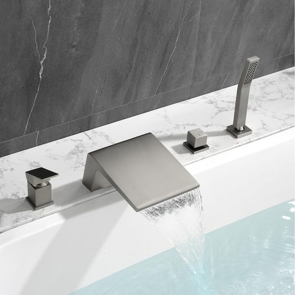 2-Handle Deck-Mount Waterfall Roman Tub Faucet with Hand Shower in Brushed Nickel